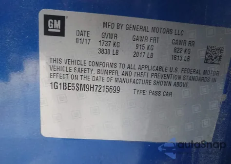 2017 Chevrolet Cruze Lt Auto from USA, damaged, VIN 1G1BE5SM9H7215699